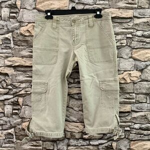 #16 Y2K LEI Cargo Buckle Khaki Corduroy Button Up Vintage Crop Capri Pant Size 9